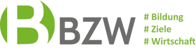 Logo des BZW, dem Bildungszentrum der Wirtschaft für kaufmännische Berufe in grauer Schrift und einem grünen B. Drei Hashtags Bildung, Ziele und Wirtschaft